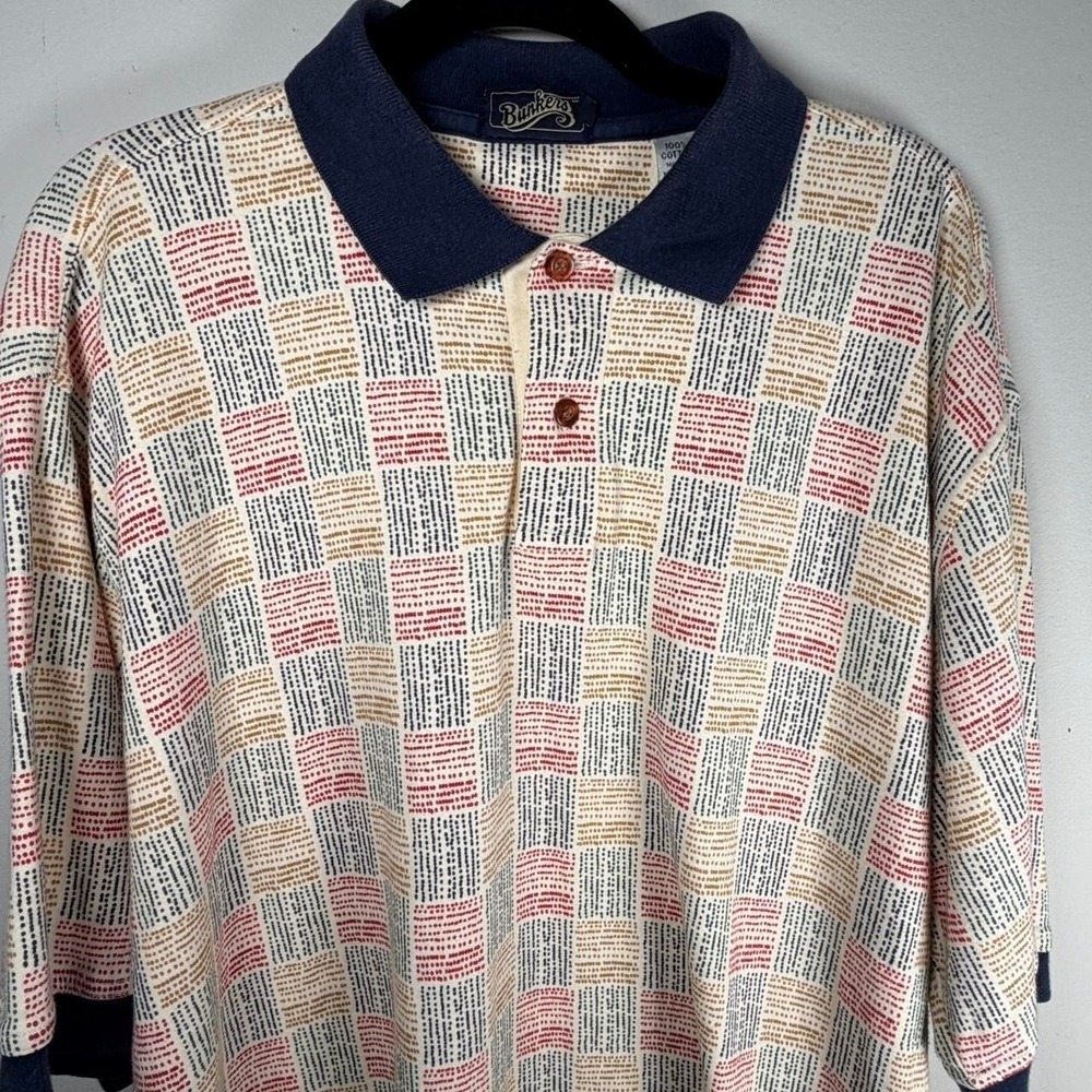 Bunkers Vintage Mens Large Geometric Dot Grid Polo Shirt Cream Navy Red Cotton - Picture 4 of 8